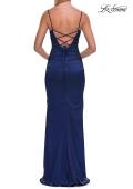 Picture of: Illusion Lace Side Satin Gown with Lace-Up Back in Navy, Style: 33697, Detail Picture 19