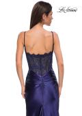 Picture of: Ruched Satin Evening Dress with Sheer Lace Top and Scallop Neckline in Navy , Style 32689, Detail Picture 20