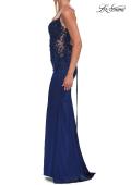 Picture of: Illusion Lace Side Satin Gown with Lace-Up Back in Navy, Style: 33697, Detail Picture 20