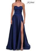 Picture of: Strapless Satin A-Line Gown with Draped Bodice and High Slit in Navy, Style: 33417, Detail Picture 21