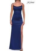 Picture of: Satin Fitted Gown with High Slit and Adjustable Spaghetti Straps in Navy, Style: 33413, Detail Picture 24