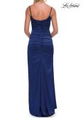 Picture of: Satin Fitted Gown with High Slit and Adjustable Spaghetti Straps in Navy, Style: 33413, Detail Picture 25