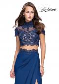 Picture of: Chiffon Two Piece Gown with Lace Top and Belt Detail in Navy, Style: 25384, Detail Picture 1