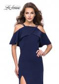 Picture of: Long Jersey Prom Dress with Off the Shoulder Ruffle Detail in Navy, Style: 25556, Detail Picture 1