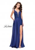 Picture of: Long Prom Dress with Beaded Lace Bodice and Open Back in Navy, Style: 25645, Detail Picture 1