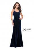 Picture of: Velvet Form Fitting Prom Dress with Intricate Back in Navy, Style: 25681, Detail Picture 1