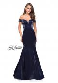 Picture of: Off the Shoulder Satin Prom Dress with Strappy Back in Navy, Style: 25764, Detail Picture 1