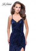 Picture of: Crushed Velvet Prom Dress with Lace Neckline in Navy, Style: 25881, Detail Picture 1