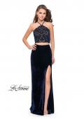Picture of: Long Velvet Two Piece Prom Dress with Printed Bodice in Navy, Style: 26115, Detail Picture 1