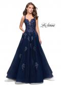 Picture of: Long Floral Lace Ball Gown with Tulle Skirt in Navy, Style: 26236, Detail Picture 1