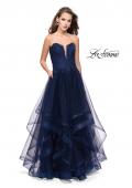 Picture of: Long Strapless Ball Gown with ruffle Tulle Skirt and Beads in Navy, Style: 26242, Detail Picture 1