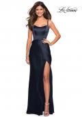 Picture of: Satin Prom Gown with Scoop Neck and Side Slit in Navy, Style: 27010, Detail Picture 1