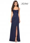 Picture of: Long Jersey Gown with Size Ruching and Slit in Navy, Style: 27470, Back Picture