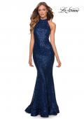 Picture of: Long Sequin Gown with High Neckline and Lace Back in Navy, Style: 28612, Detail Picture 1