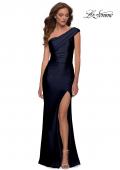 Picture of: One Shoulder Shiny Ruched Jersey Dress with Slit in Navy, Style 29619, Detail Picture 1