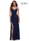 Picture of: Long Net Jersey Prom Gown with Ruching and Slit in Navy, Style 29699, Detail Picture 1