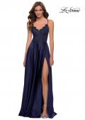 Picture of: Satin and Lace Prom Dress with Sheer Bodice in Navy, Style 29760, Detail Picture 1
