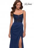 Picture of: Satin Dress with Sheer Lace Bodice and Slit in Navy, Style 29888, Detail Picture 1
