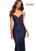 Picture of: Jewel Tone Jersey Gown with Sheer Lace Bodice in Blue, Style: 30521, Detail Picture 1