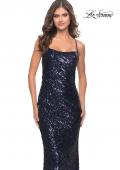 Picture of: Long Sequin Dress with Lace Up Strappy Back in Navy, Style: 31518, Detail Picture 1