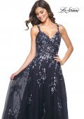 Picture of: A-Line Tulle and Floral Sequin Gown with High Slit in Navy, Style: 31936, Detail Picture 1