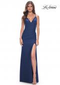 Picture of: Simple Jersey Gown with Deep V Neckline and Ruching in Navy, Style: 32115, Detail Picture 1