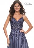 Picture of: Two Tone A-Line Tulle Gown with Ruching and Sequin Lace Detail in Navy, Style: 32185, Detail Picture 1
