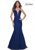 Picture of: Jewel Tone Long Mermaid Lace Dress with Back Rhinestone Detail in Navy, Style: 32315, Detail Picture 1