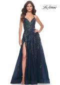 Picture of: Fabulous A-Line Gown Embellished with Sequin Beaded Applique in Jewel Tones in Navy, Style: 32346, Detail Picture 1