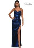 Picture of: Metallic Jersey Fitted Dress with Corset Top and Sheer Back in Navy, Style: 32526, Detail Picture 1