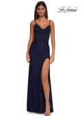 Picture of: Illusion Lace Top Prom Dress with Ruched Jersey Skirt in Navy, Style: 32803, Detail Picture 1