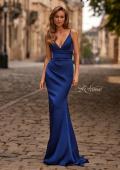 Picture of: Satin Fitted Gown with Gathered Bodice and Spaghetti Straps in Navy, Style: 33421, Detail Picture 1