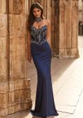 Picture of: High Neck Embellished Jersey Gown with Sheer Corset Bodice in Navy, Style: 33854, Detail Picture 1