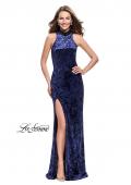 Picture of: Long Crushed Velvet Prom Dress with Beaded Choker in Navyq, Style: 25783, Detail Picture 2