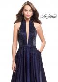 Picture of: Satin Ball Gown with Tonal Beading and Back Cutout in Navy, Style: 25986, Detail Picture 2
