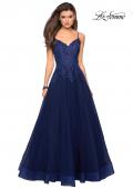 Picture of: Tulle Prom Gown with Floral Lace Embellishments in Navy, Style: 27569, Detail Picture 2