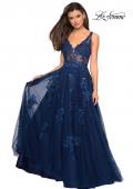 Picture of: Sheer Bodice Prom Dress with Floral Embellishments in Navy, Style: 27647, Detail Picture 2