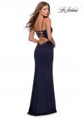 Picture of: Jersey Prom Gown with Lace Up Back and Slit in Navy, Style: 28653, Detail Picture 2