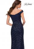 Picture of: Off the Shoulder Sequin Long Dress with Skirt Slit in Navy, Style 29653, Detail Picture 2