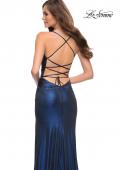 Picture of: Metallic Jersey Long Prom Dress with Lace Up Back in Navy, Style 29915, Detail Picture 2
