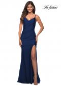 Picture of: Diagonal Ruched Jersey Gown with V Neckline in Navy, Detail Picture 2