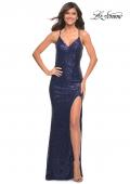 Picture of: Long Stretch Sequin Dress in Jewel Tones with Open Back in Blue, Style: 30287, Detail Picture 2