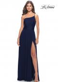 Picture of: Chic One Shoulder Long Jersey Gown with Defined Waist in Navy, Style: 31170, Detail Picture 2