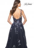Picture of: A-Line Tulle and Floral Sequin Gown with High Slit in Navy, Style: 31936, Detail Picture 2