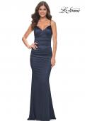 Picture of: Chic Stretch Satin Gown with V Neckline and Ruching in Navy, Style: 32075, Detail Picture 2