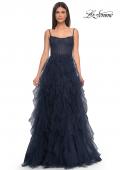 Picture of: Tulle A-Line Dress with Ruffle Skirt and Buster Rhinestone Fishnet Bodice in Navy, Style: 32233, Detail Picture 2