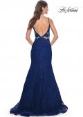 Picture of: Jewel Tone Long Mermaid Lace Dress with Back Rhinestone Detail in Navy, Style: 32315, Detail Picture 2