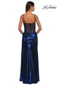 Picture of: Metallic Jersey Fitted Dress with Corset Top and Sheer Back in Navy, Style: 32526, Detail Picture 2