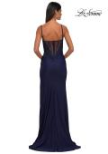 Picture of: Illusion Lace Top Prom Dress with Ruched Jersey Skirt in Navy, Style: 32803, Detail Picture 2