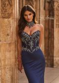 Picture of: High Neck Embellished Jersey Gown with Sheer Corset Bodice in Navy, Style: 33854, Detail Picture 2
